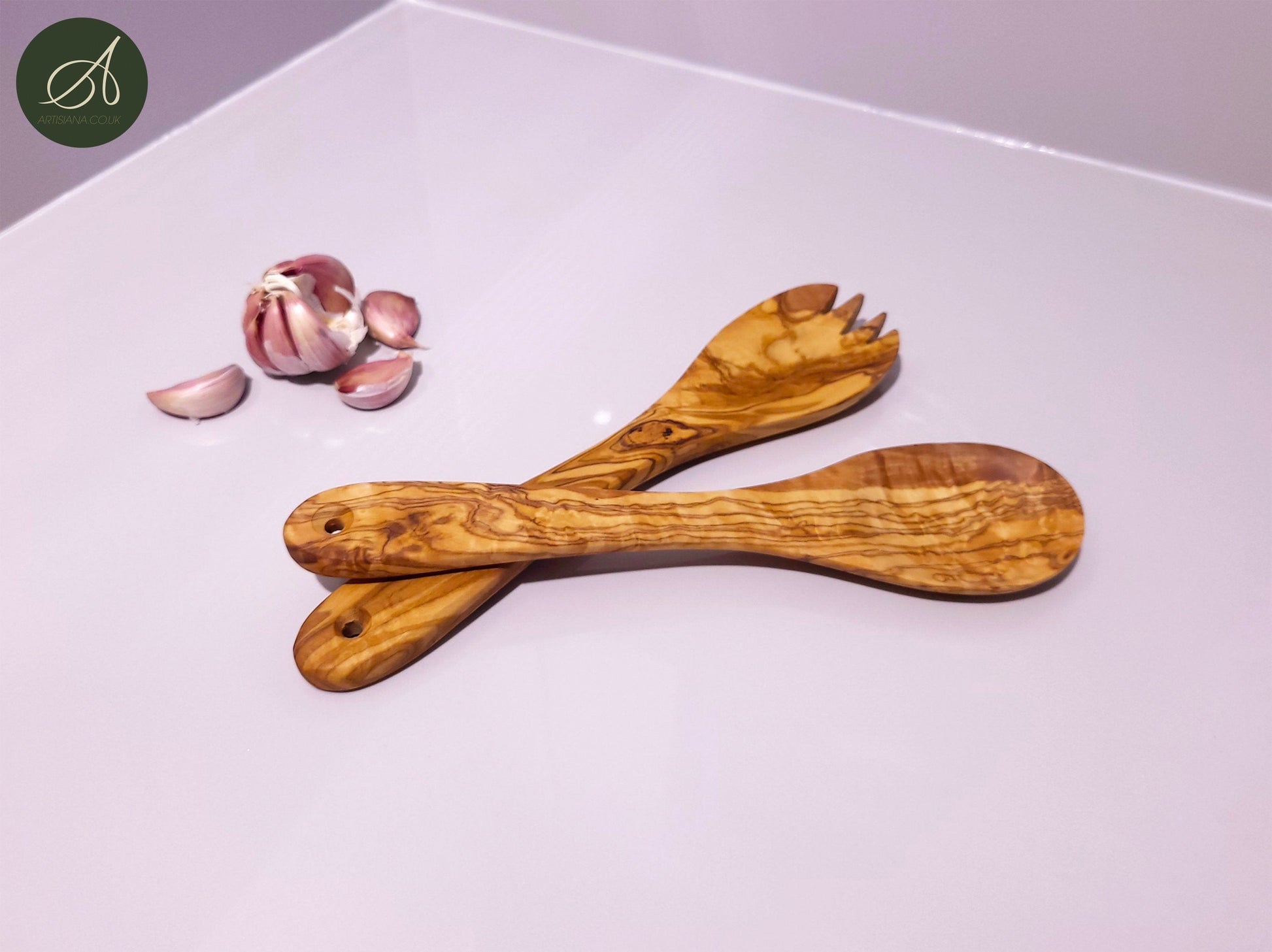 Wooden Set of cutlery and Utensil Holder, Olive Wood salad server with holder, Kitchen Utensils, spoon, fork, cutlery, handmade, gift