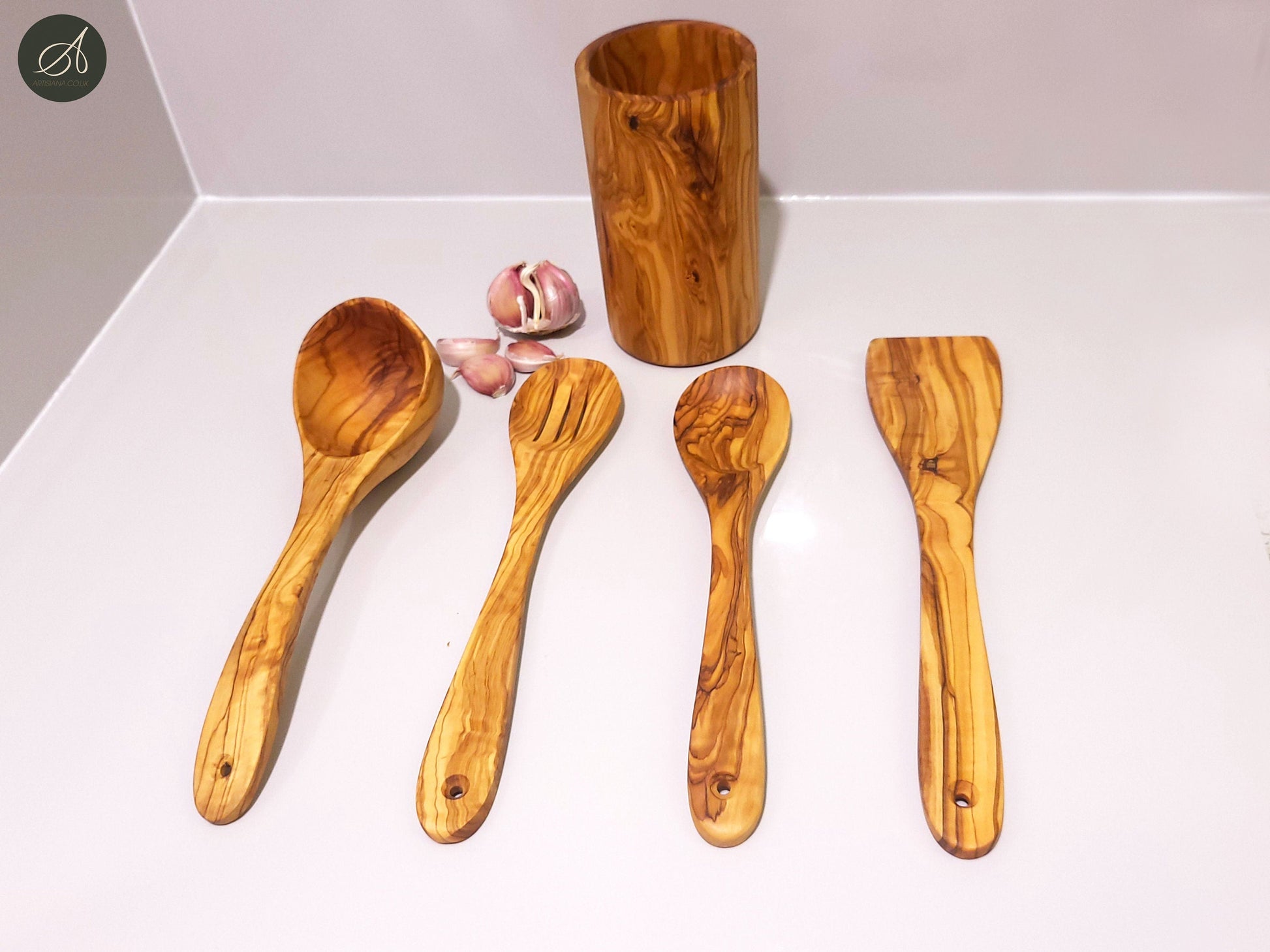 Set of 4 olive wood Kitchen Utensils and Round Utensil Holder, Kitchen Utensils, spoon, Ladle, spatula, restaurant, chef, gift