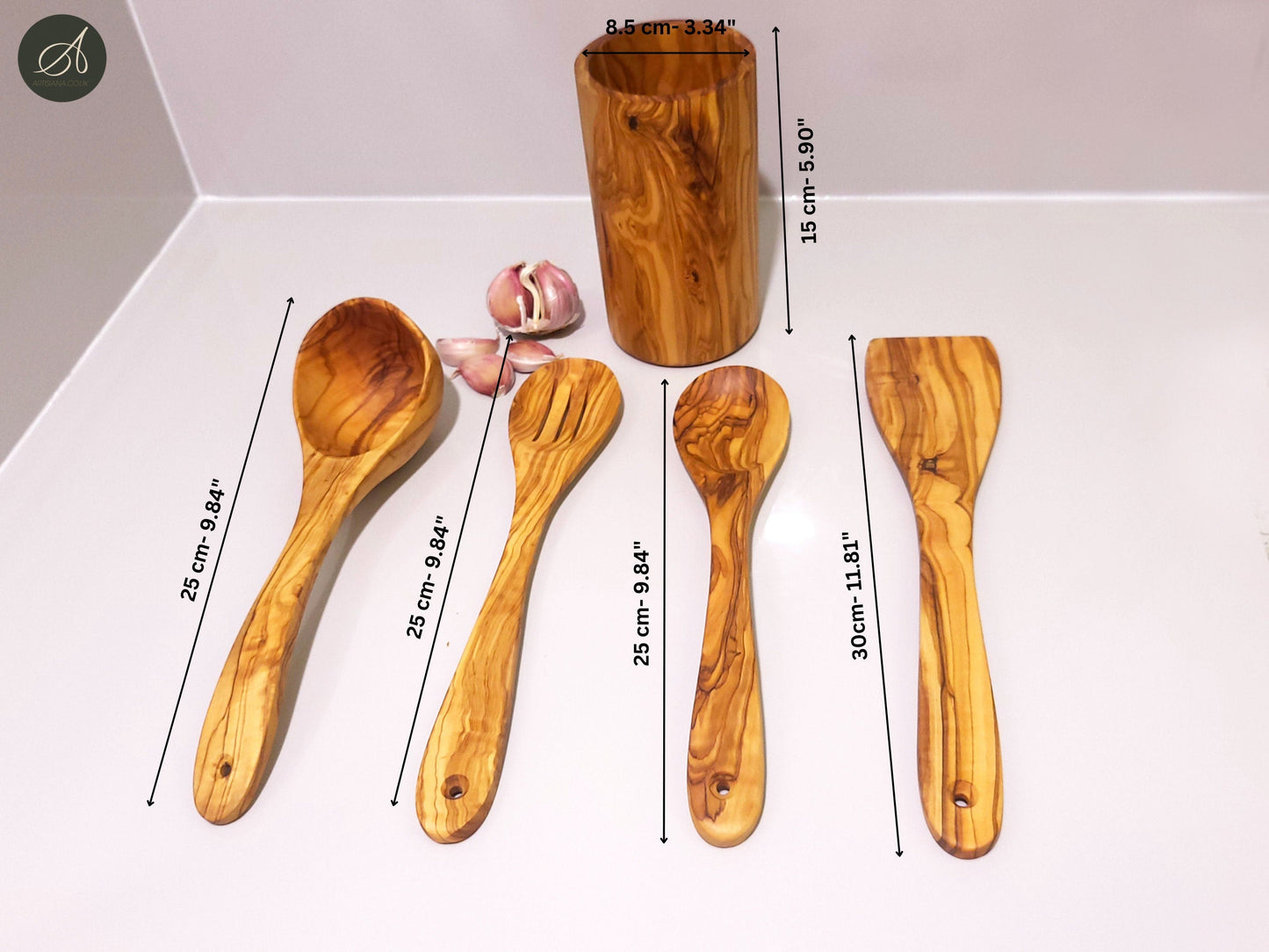 Set of 4 olive wood Kitchen Utensils and Round Utensil Holder, Kitchen Utensils, spoon, Ladle, spatula, restaurant, chef, gift