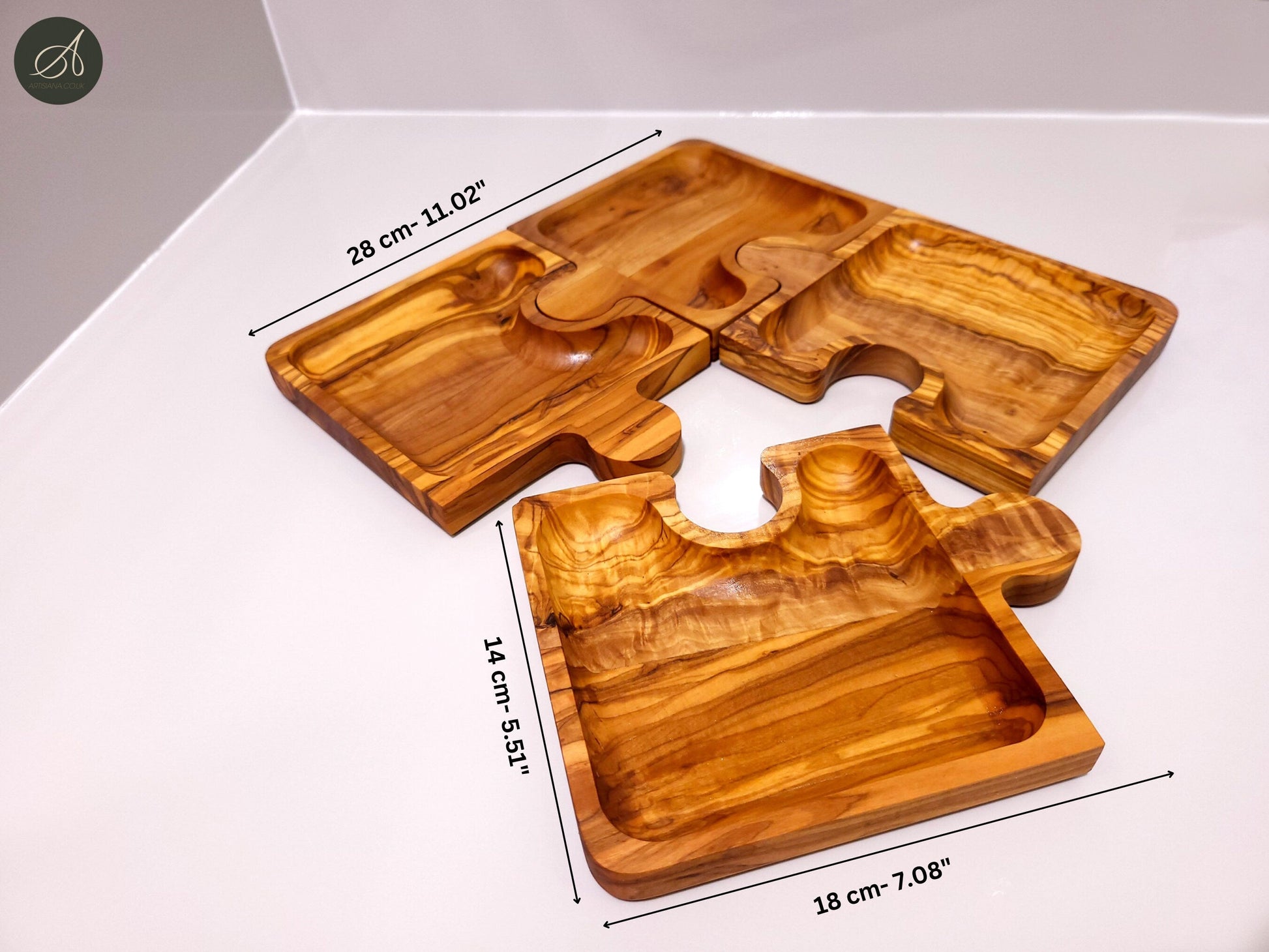 Olive wood puzzle shaped dish , set of 4 dishes, jigsaw shaped pieces, wooden dishes, kitchen, party, restaurant, gift, handmade