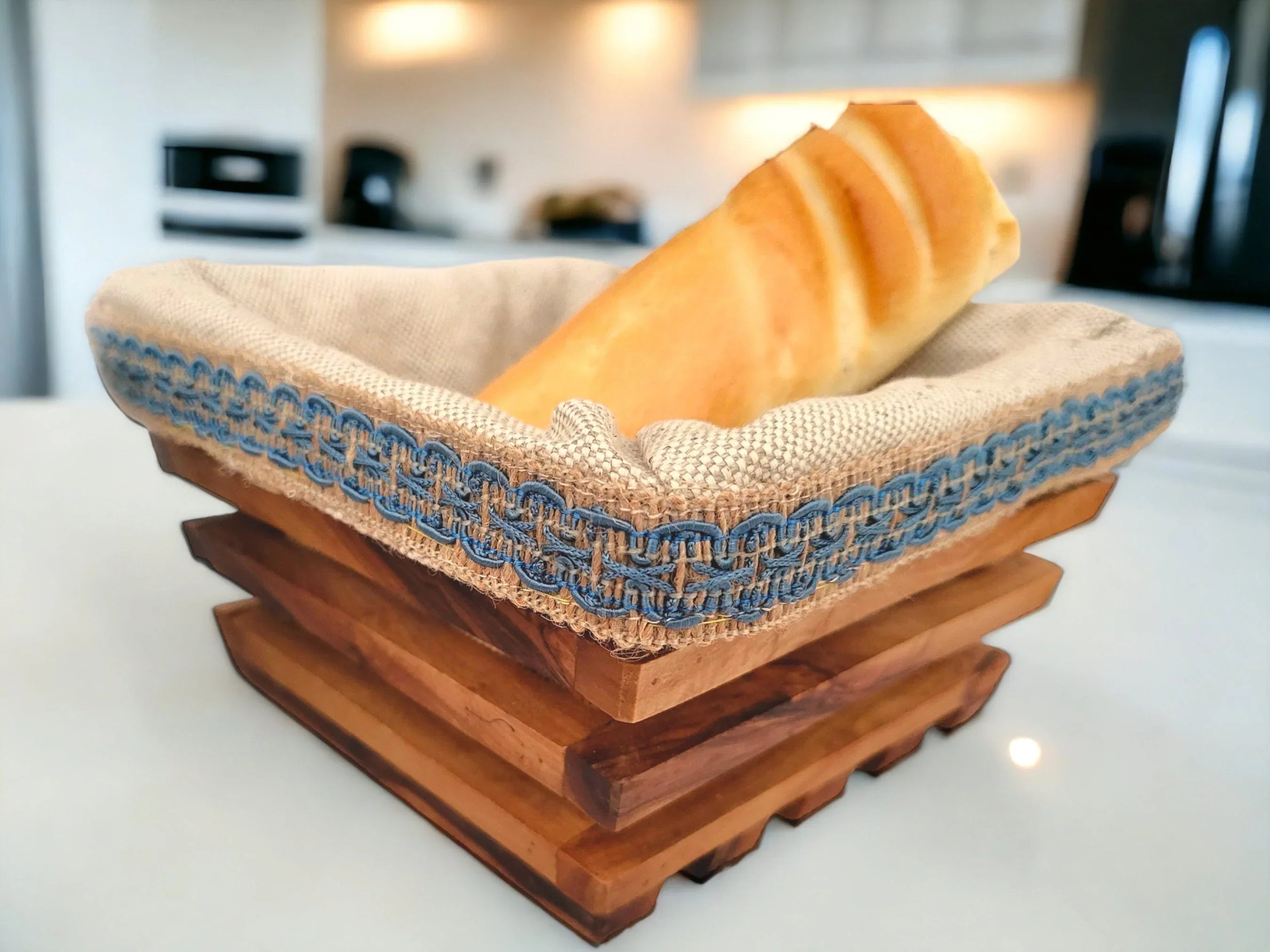 Olive wood square shaped bread basket – handcrafted, natural design