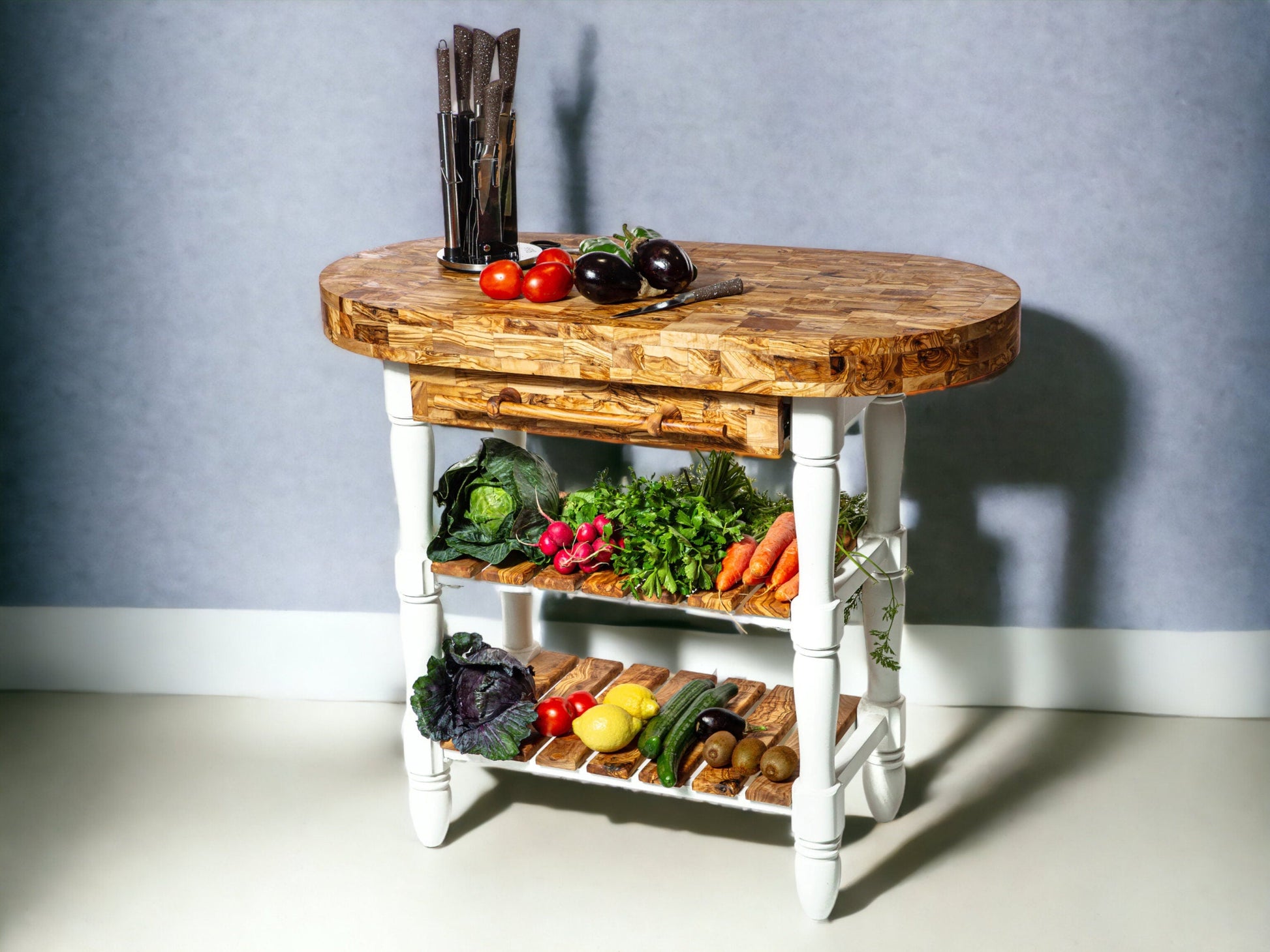 Olive Wood Butcher Block Counter Island W/ Shelves