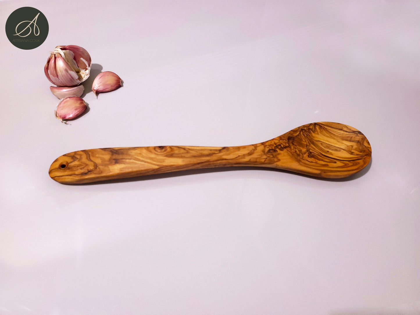 Set of 3 Olive Wood Kitchen Cooking & Serving Utensils Spork, Spoon, Spatula W/ Round Utensil Holder