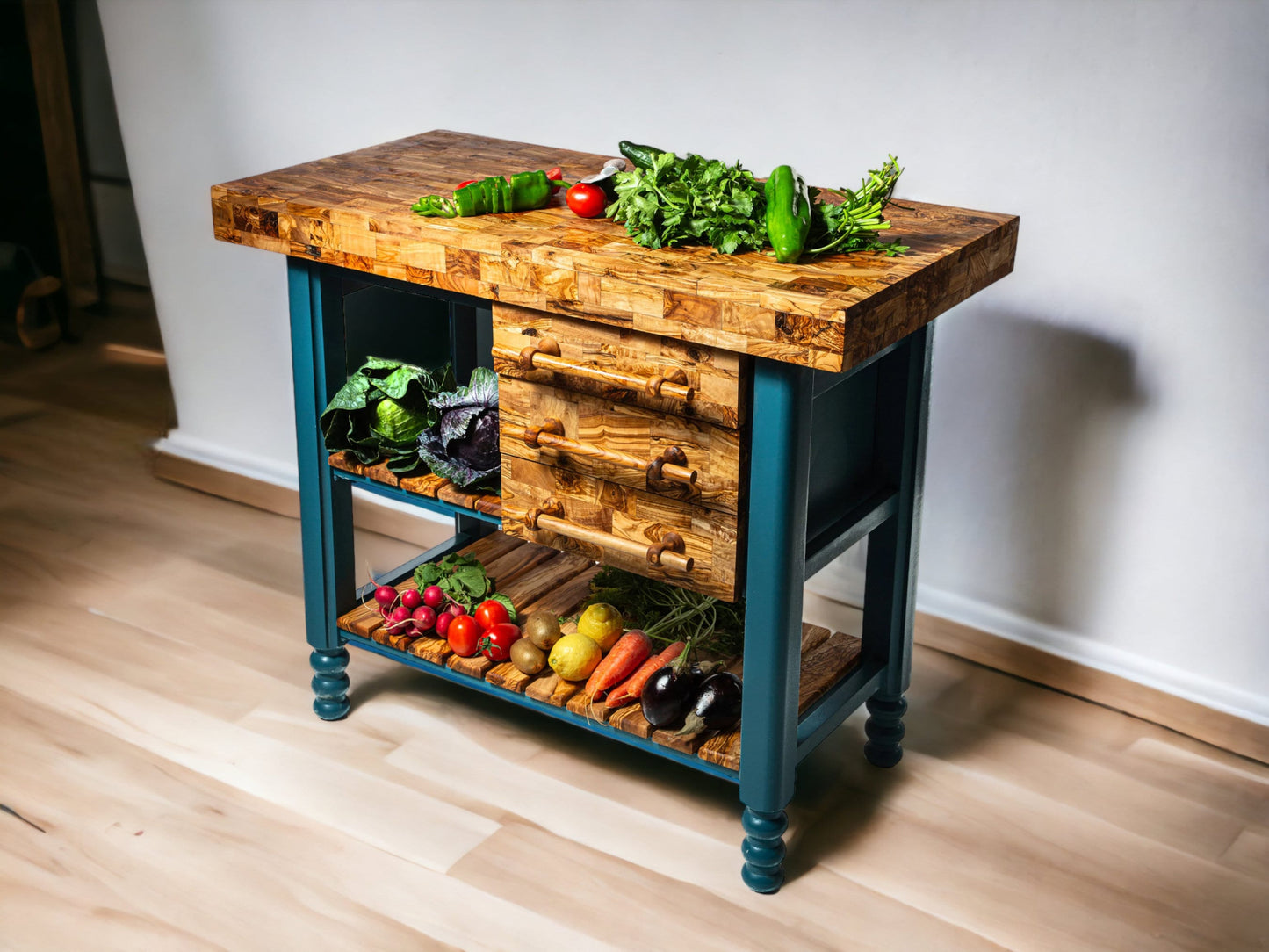 Olive Wood Table Butcher Block, Kitchen Butcher Block, small Kitchen island, Kitchen Cart with 3 drawers