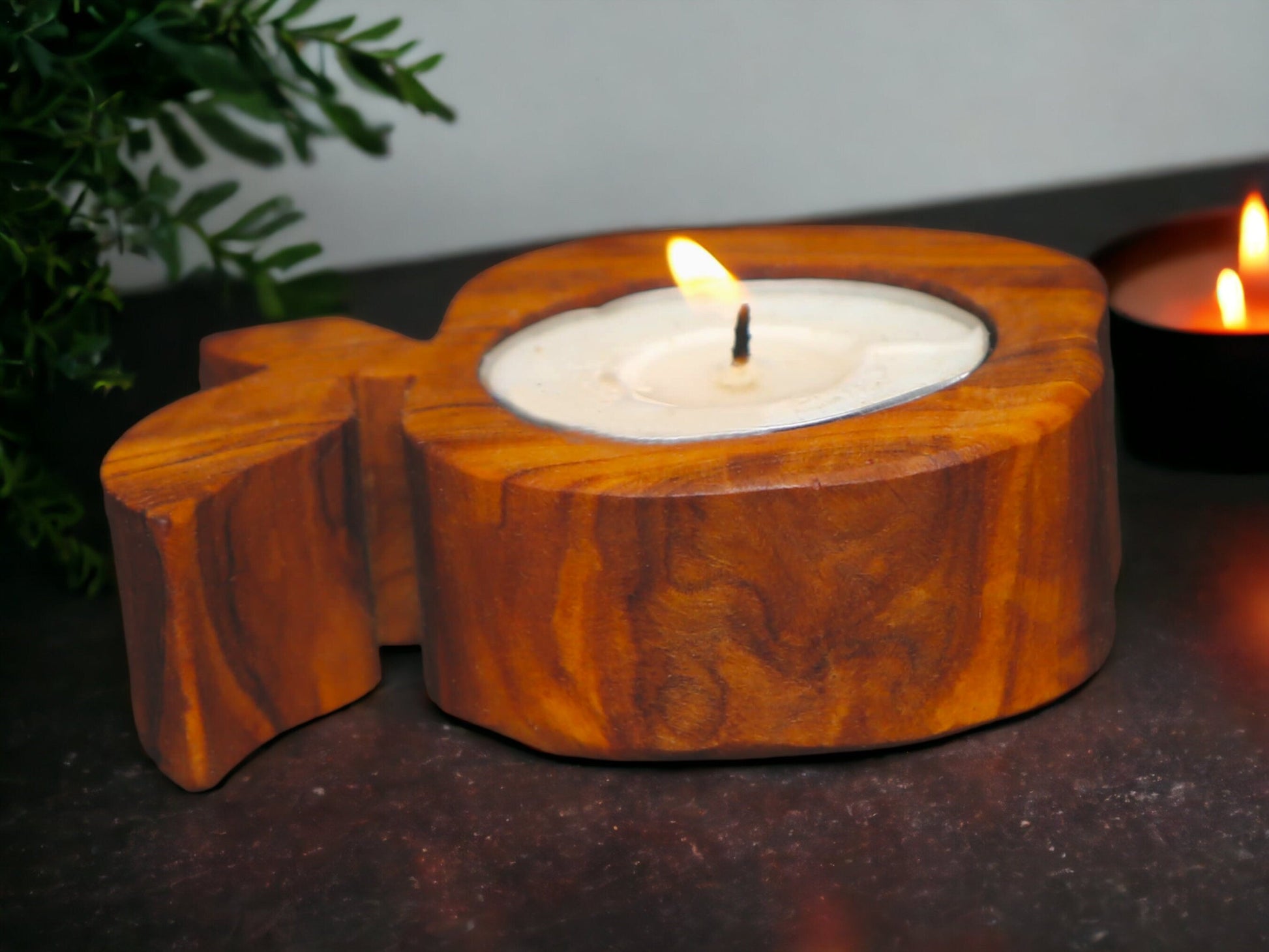 Olive Wood Apple Shaped Candle Holder