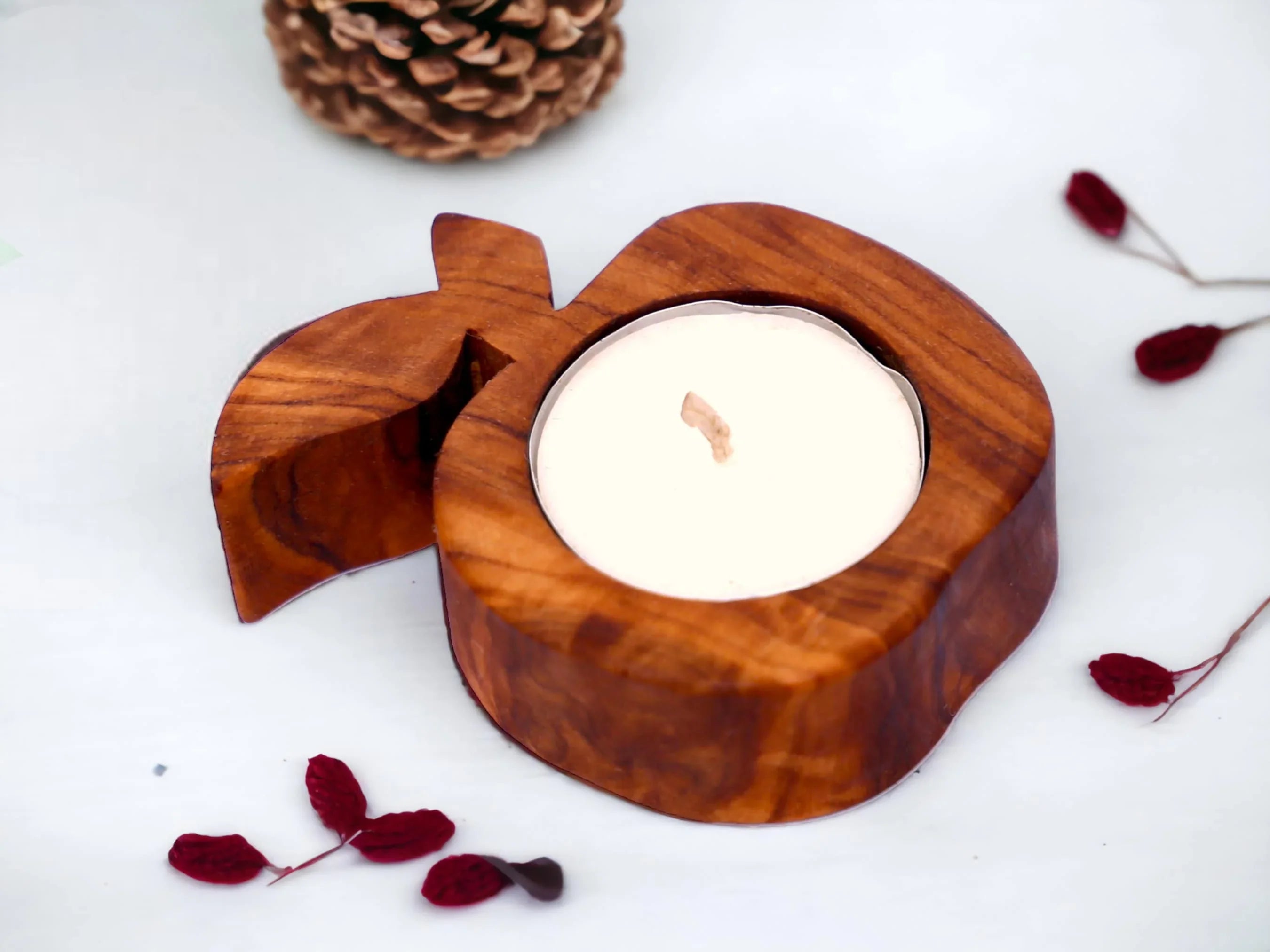 Olive wood apple shaped candle holder – handcrafted, natural design