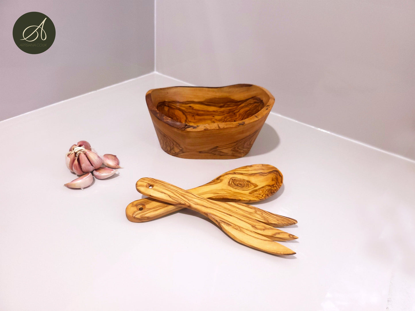 Set of olive wood hand carved Bowl and a cutlery, kitchen set, handmade, salad server, decor, gift