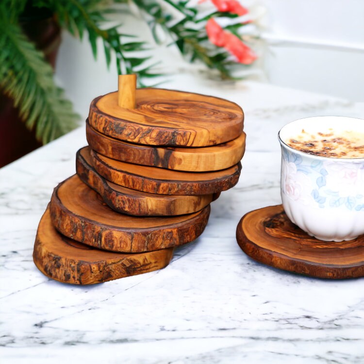 Olive Wood Rustic Coaster Set of 6 with Holder 12 cm