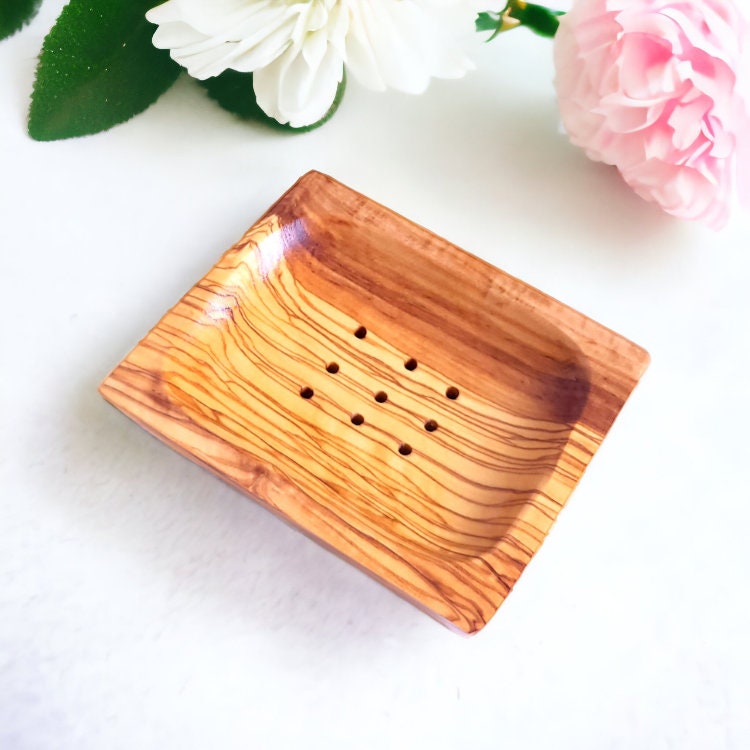 Olive Wood Wooden Non-Slip Self Drain Soap Bar Holder Dish 12 cm