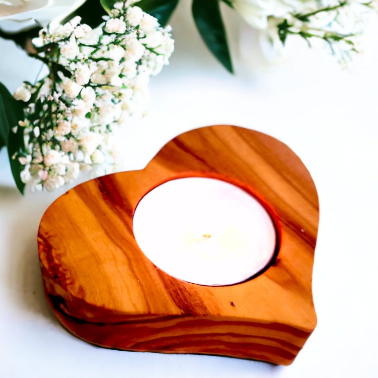 Olive Wood Heart Shaped Wooden Tealight Candle Holder 8 cm Valentines Airbnb Hotel Host Welcome Decor