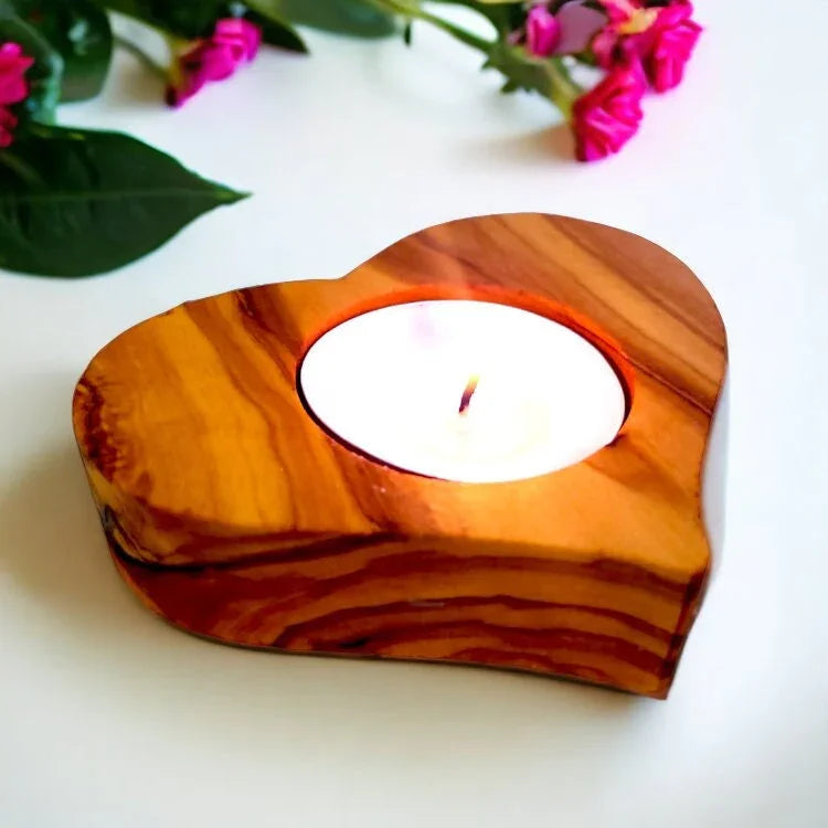 Olive wood heart shaped wooden tealight – handcrafted, natural design