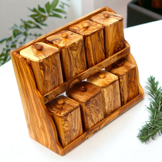 Olive Wood Spice Rack With 8 Containers And Spoons, Hand Crafted Eco Friendly Tea Coffee Sugar Boxes With Lids