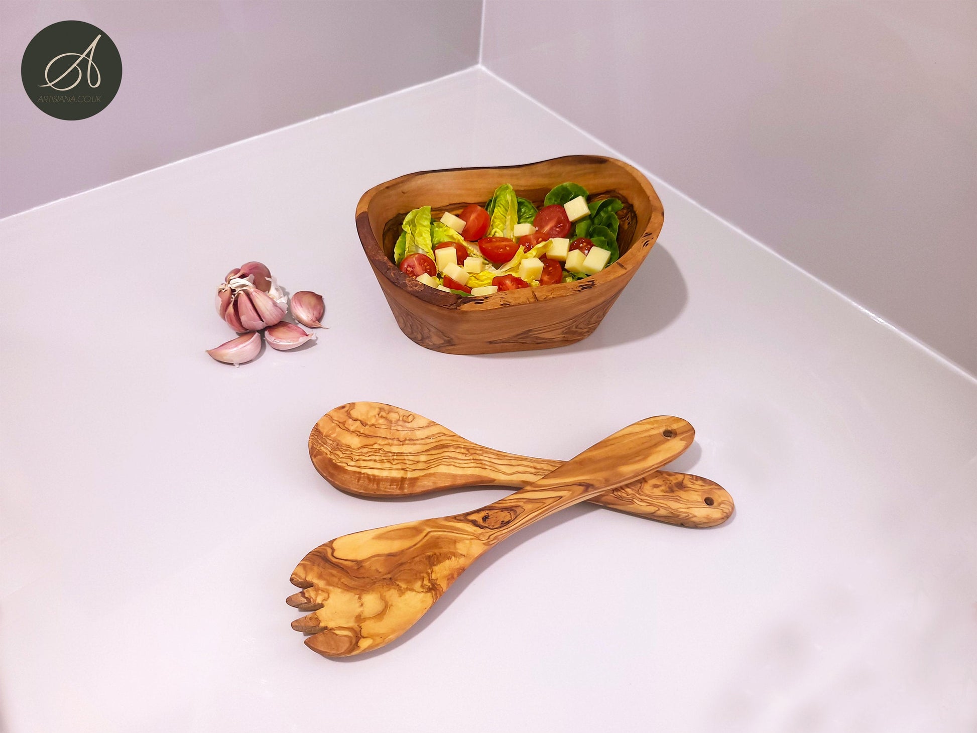 Rustic Hand Carved Bowl And Salad Serving Set