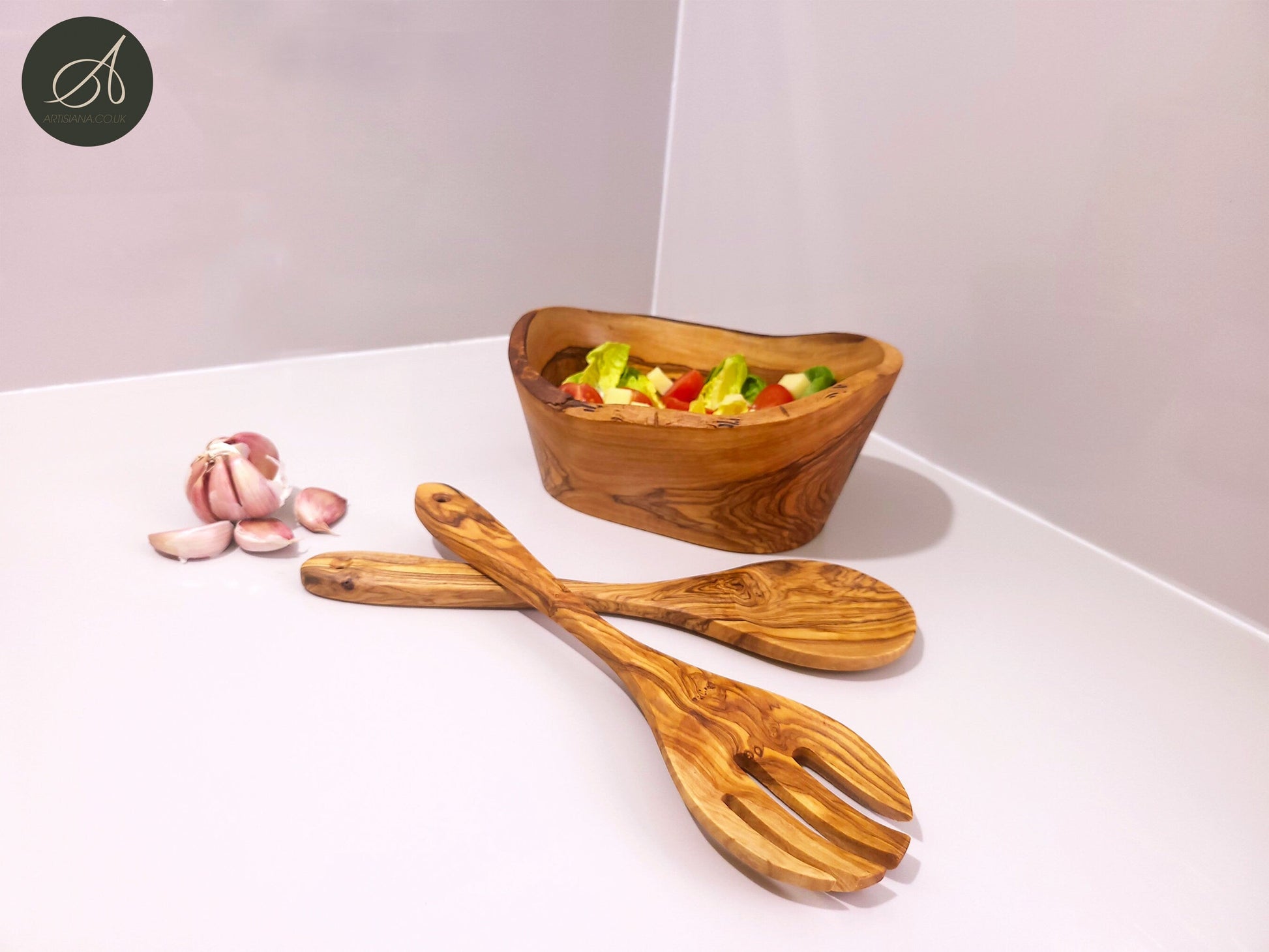 Set of olive wood hand carved Bowl and a cutlery, kitchen set, handmade, salad server, salad bowl, decor, gift