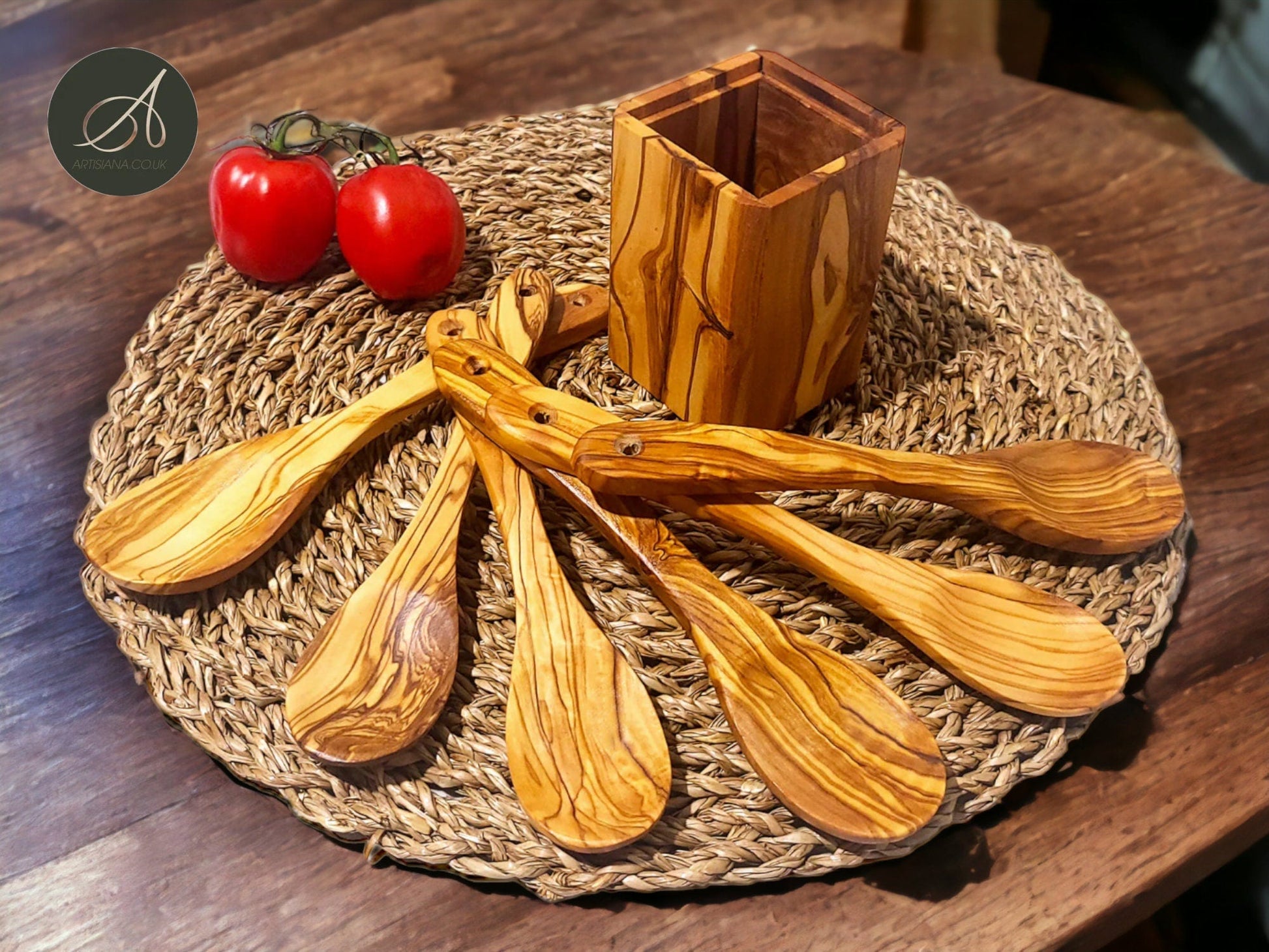 Wooden Utensils Set, Olive Wood Spoon Holder with 6 spoons 20 cm, kitchen utensils, cookware, handmade, decor, gift, restaurant