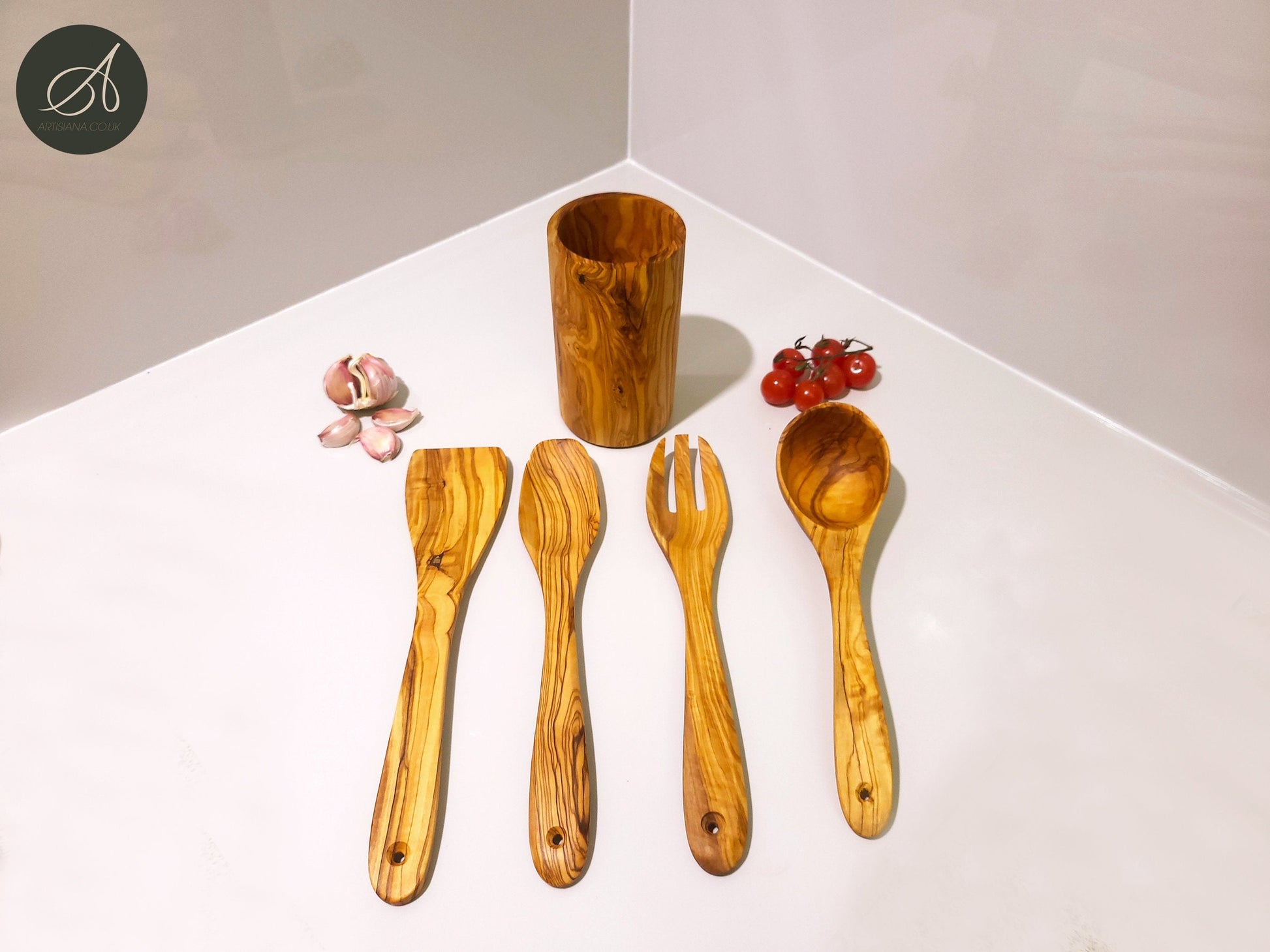 Wooden kitchen set, Olive wood set, Round Utensil Holder, Kitchen Utensils, salad server, Ladle, spatula, restaurant, chef, gift, handmade