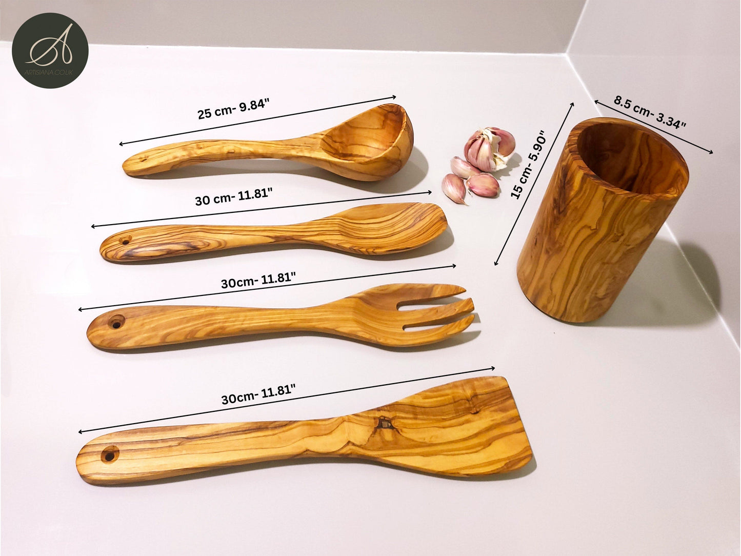 Wooden kitchen set, Olive wood set, Round Utensil Holder, Kitchen Utensils, salad server, Ladle, spatula, restaurant, chef, gift, handmade