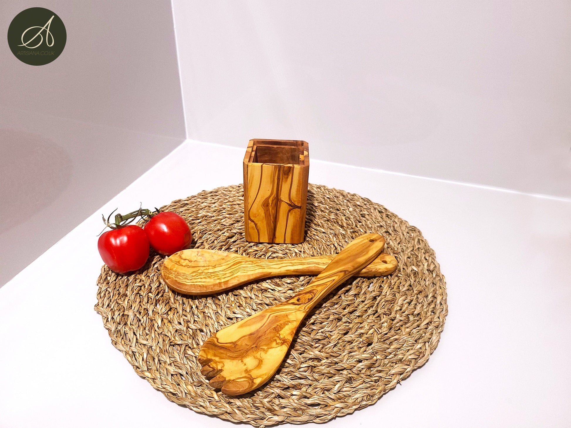 Wooden Set of cutlery and Utensil Holder, Olive Wood salad server with holder, Kitchen Utensils, spoon, fork, cutlery, handmade, gift