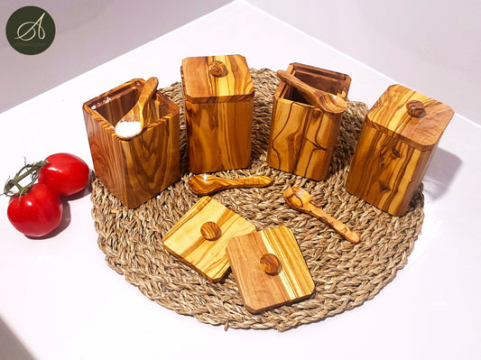 Tea Coffee Sugar Spices Olive Wood Hand Crafted Wooden Jar Container Set of 4 With Lids And Spoons