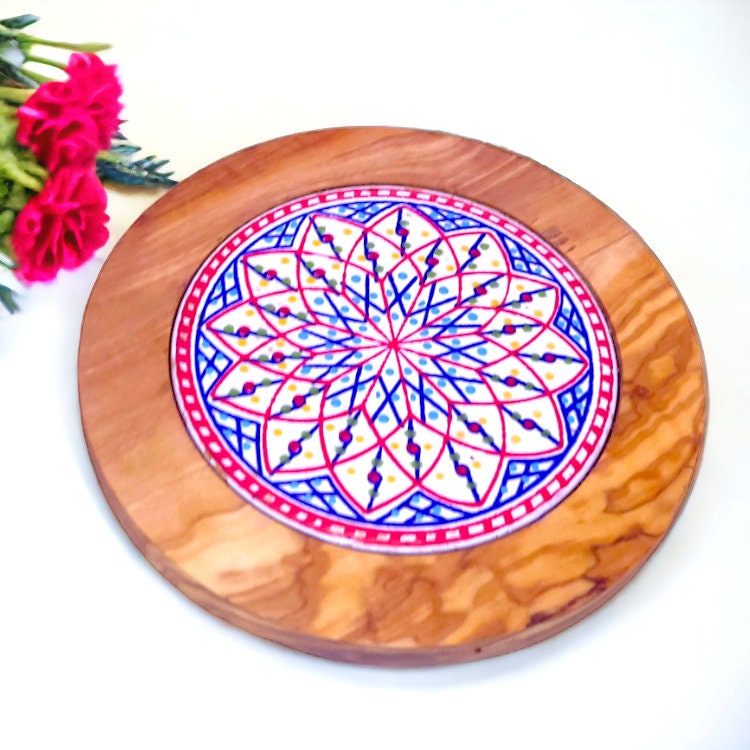 Olive Wood Handcrafted Round Wooden Ceramic Serving Tray/Coaster | Multiple Styles