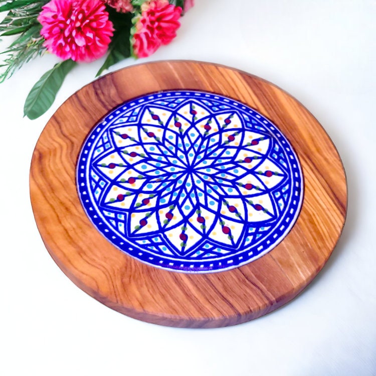 Olive Wood Handcrafted Round Wooden Ceramic Serving Tray/Coaster | Multiple Styles