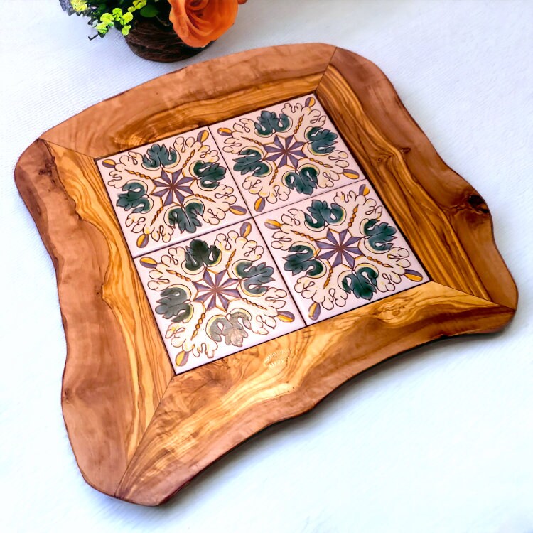 Olive Wood Medium Rustic Olive Wood Ceramic Tray, serving tray, natural, handmade, gift