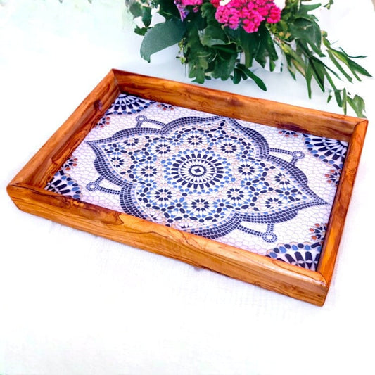 Olive Wood Rectangular Olive Wood Ceramic Tray with Handle 40 cm * 25 cm