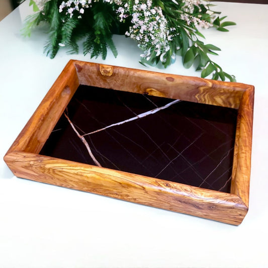 Olive Wood Rectangular Olive Wood Ceramic Tray with Handle