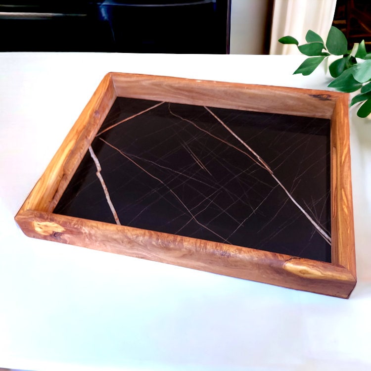 Olive Wood Rectangular Olive Wood Ceramic Tray with Handle