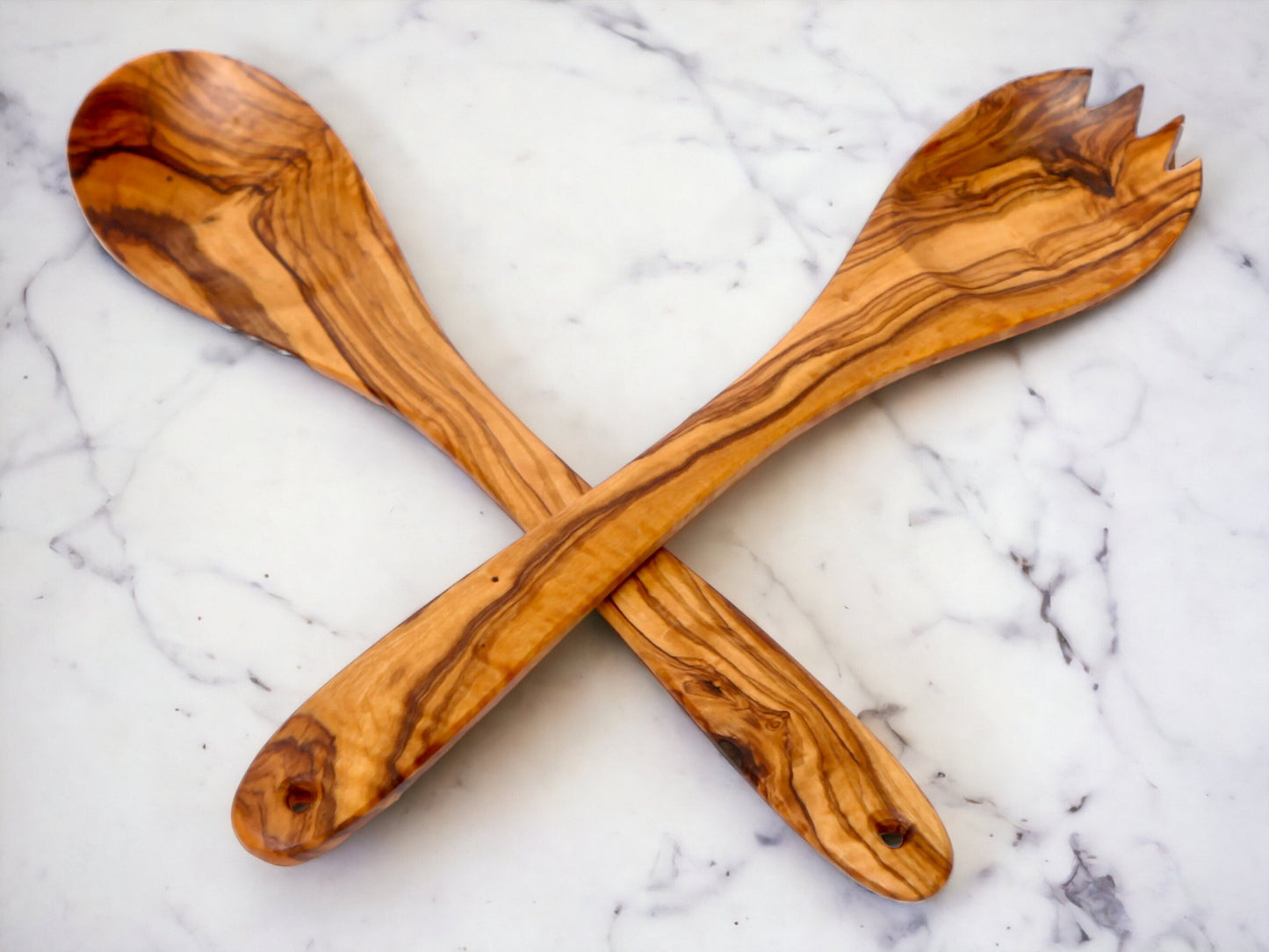 Olive Wood Large Salad Serving Set Of Wooden Spork & Spoon | Various Sizes