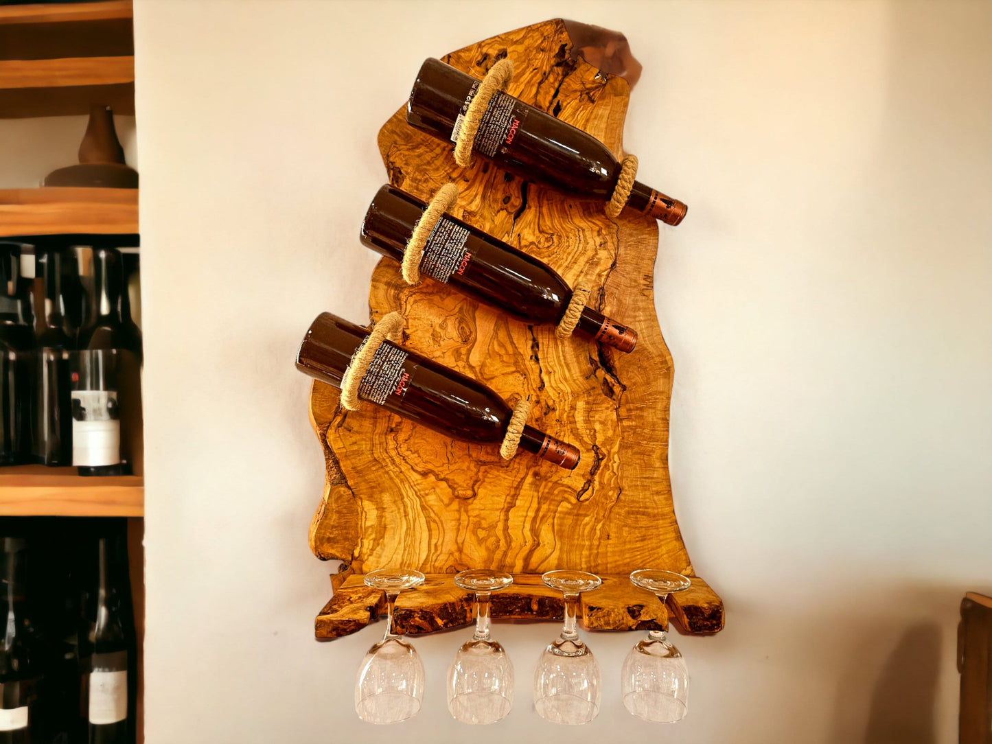 Olive Wood Wall Mounted Wooden Wine Bottle Holder Rack W/ Wooden Goblet Cups