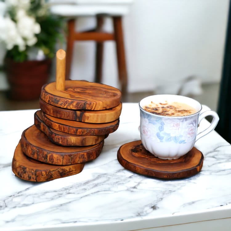 Olive Wood Rustic Coaster Set of 6 with Holder 12 cm