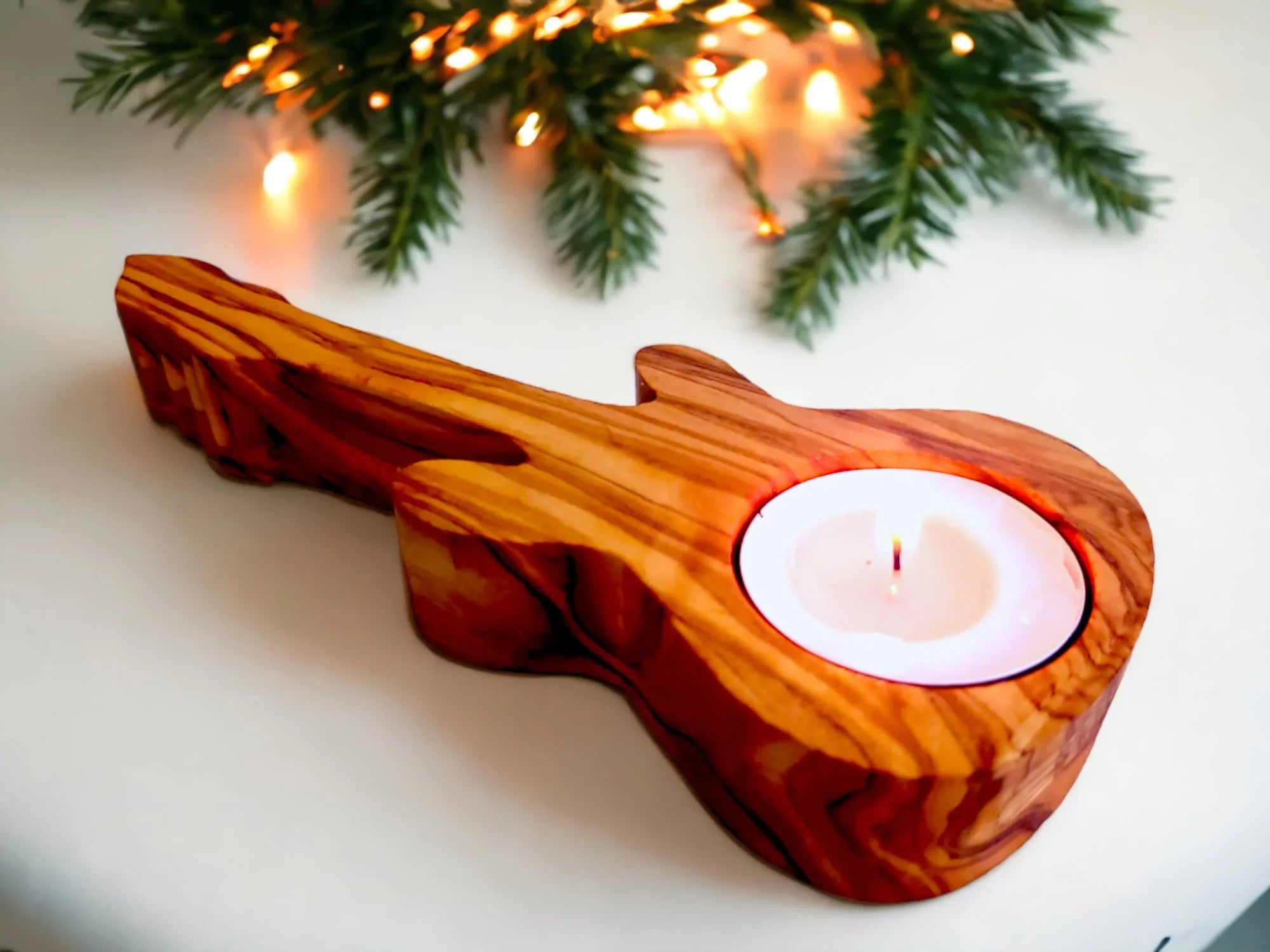 Olive wood guitar shape tealight candle – handcrafted, natural design