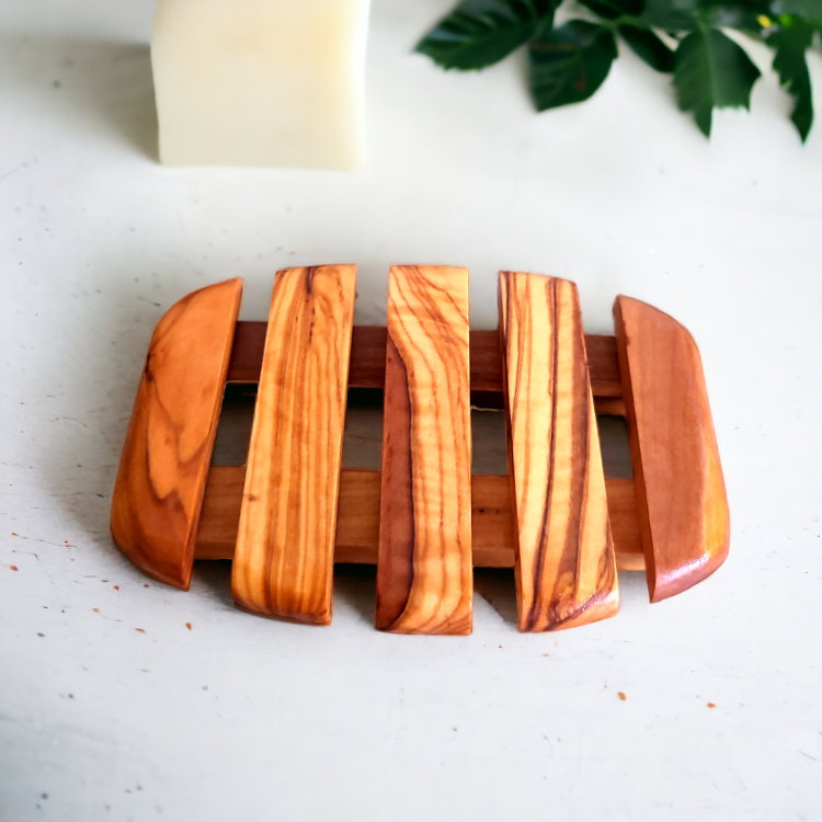 Olive Wood Wooden Non-Slip Self Drain Soap Bar Holder Dish 12 cm