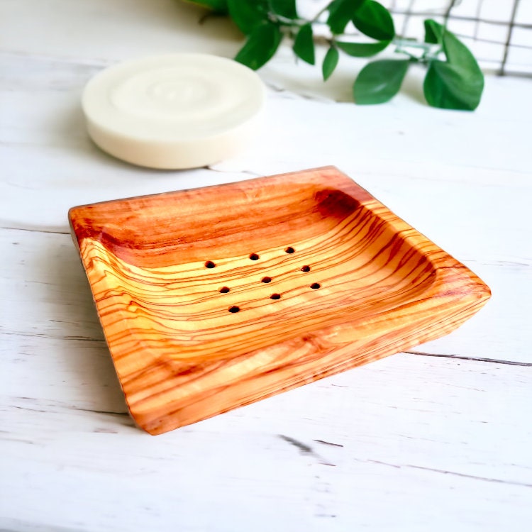 Olive Wood Wooden Non-Slip Self Drain Soap Bar Holder Dish 12 cm