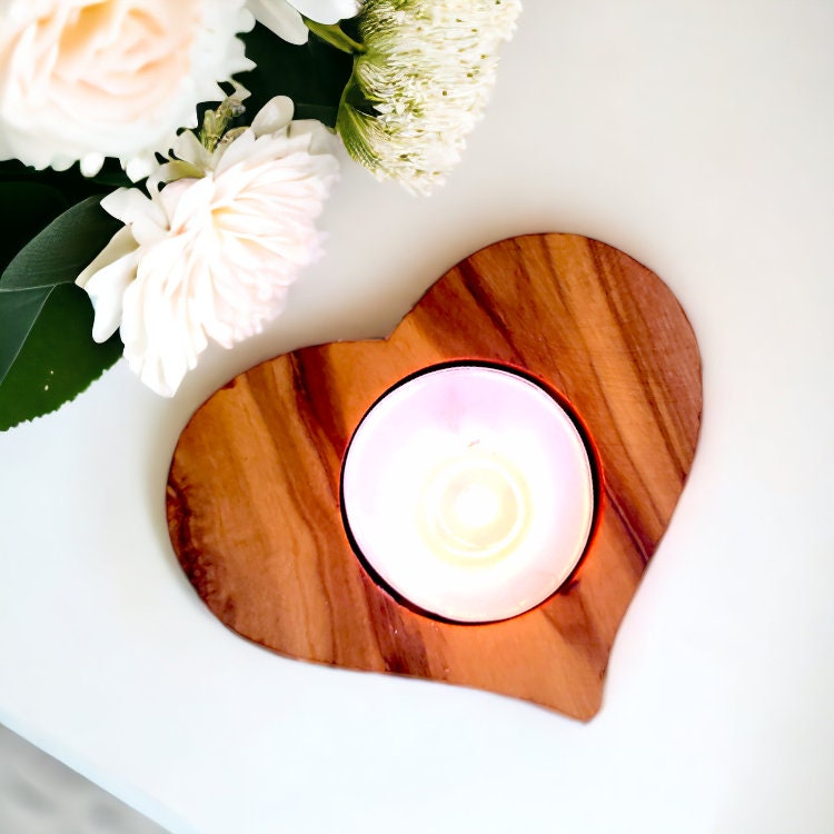 Olive Wood Heart Shaped Wooden Tealight Candle Holder 8 cm Valentines Airbnb Hotel Host Welcome Decor