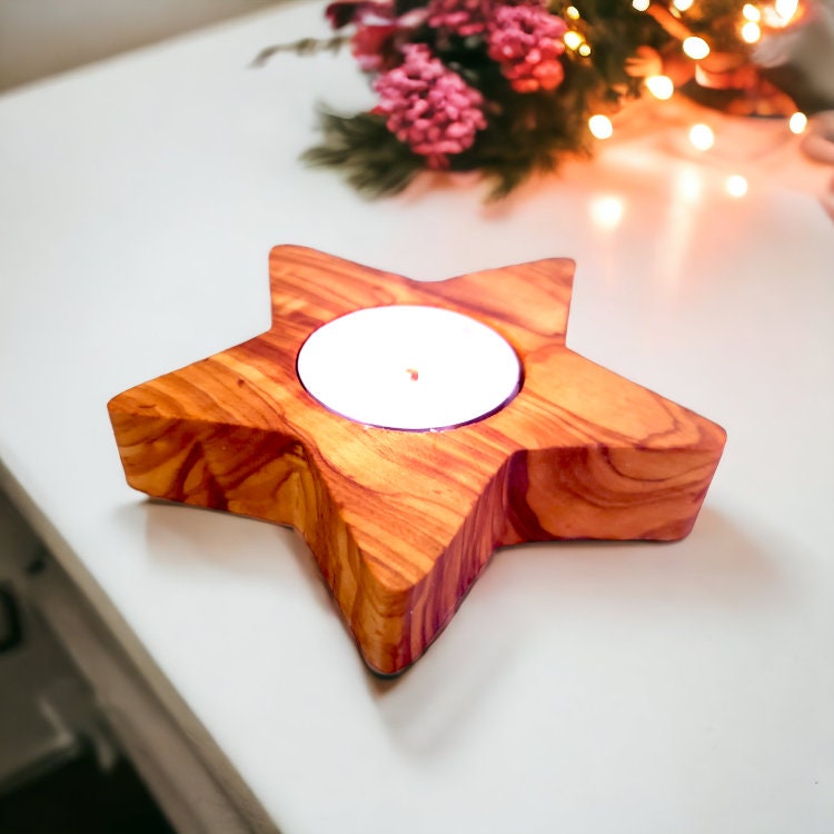 Olive Wood Star Shaped Tealight Candle Holder 10 cm, Home Decor, natural, handmade, gift