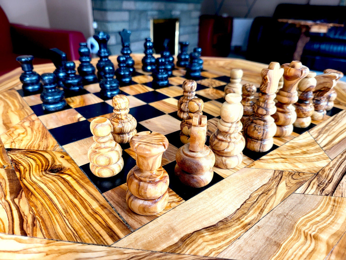 Olive Wood Chess Set 3 Legged Wooden Display Table With Built-In Chess Board