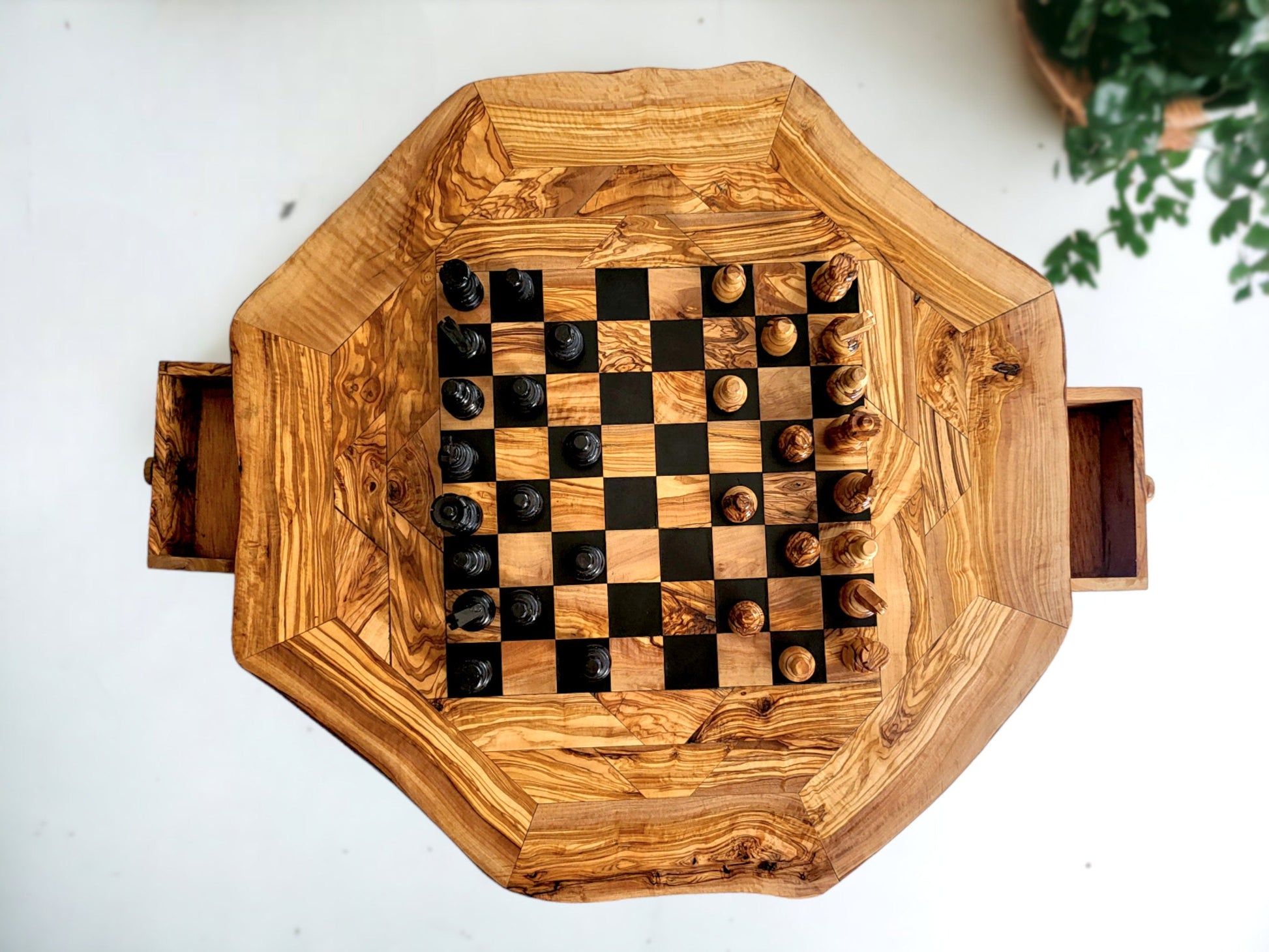 Olive Wood Chess Set 3 Legged Wooden Display Table With Built-In Chess Board