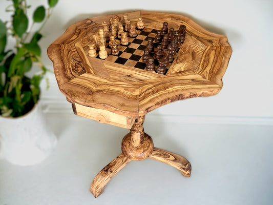 Olive Wood Chess Set 3 Legged Wooden Display Table With Built-In Chess Board