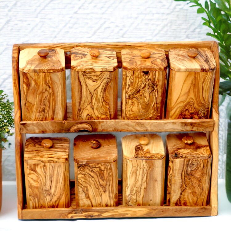 Olive Wood Spice Rack With 8 Containers And Spoons, Hand Crafted Eco Friendly Tea Coffee Sugar Boxes With Lids