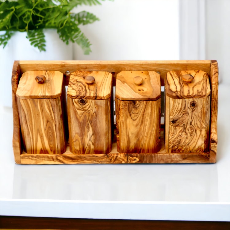 Olive Wood Spice Rack With 8 Containers And Spoons, Hand Crafted Eco Friendly Tea Coffee Sugar Boxes With Lids