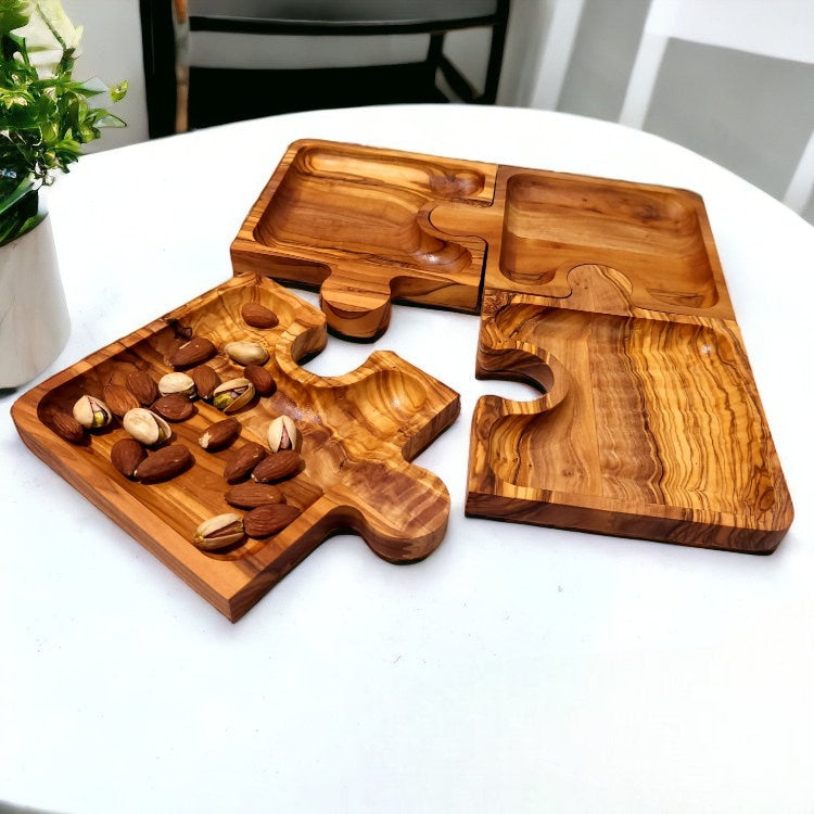 Olive wood puzzle shaped dish , set of 4 dishes, jigsaw shaped pieces, wooden dishes, kitchen, party, restaurant, gift, handmade