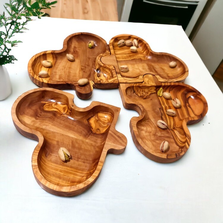 Wooden Puzzle Heart shaped dish , set of 4 dishes, jigsaw shaped pieces, wooden dishes, kitchen, restaurant, gift, handmade, romance, love