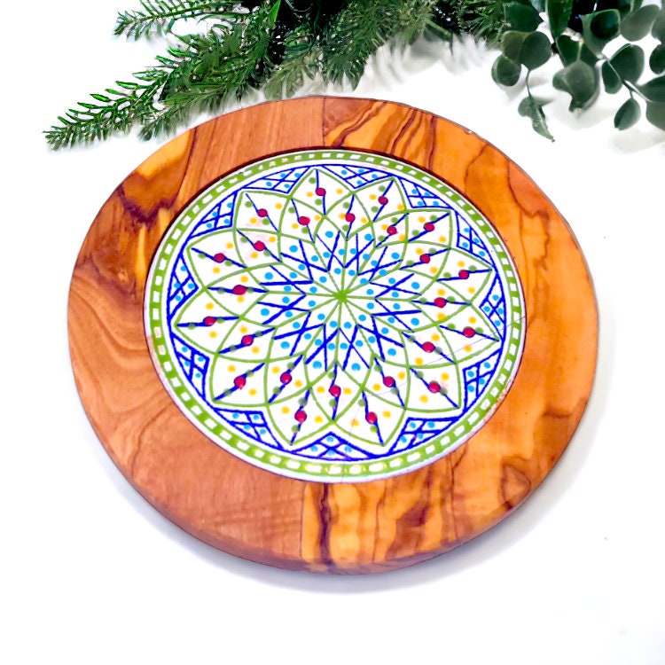 Olive Wood Handcrafted Round Wooden Ceramic Serving Tray/Coaster | Multiple Styles