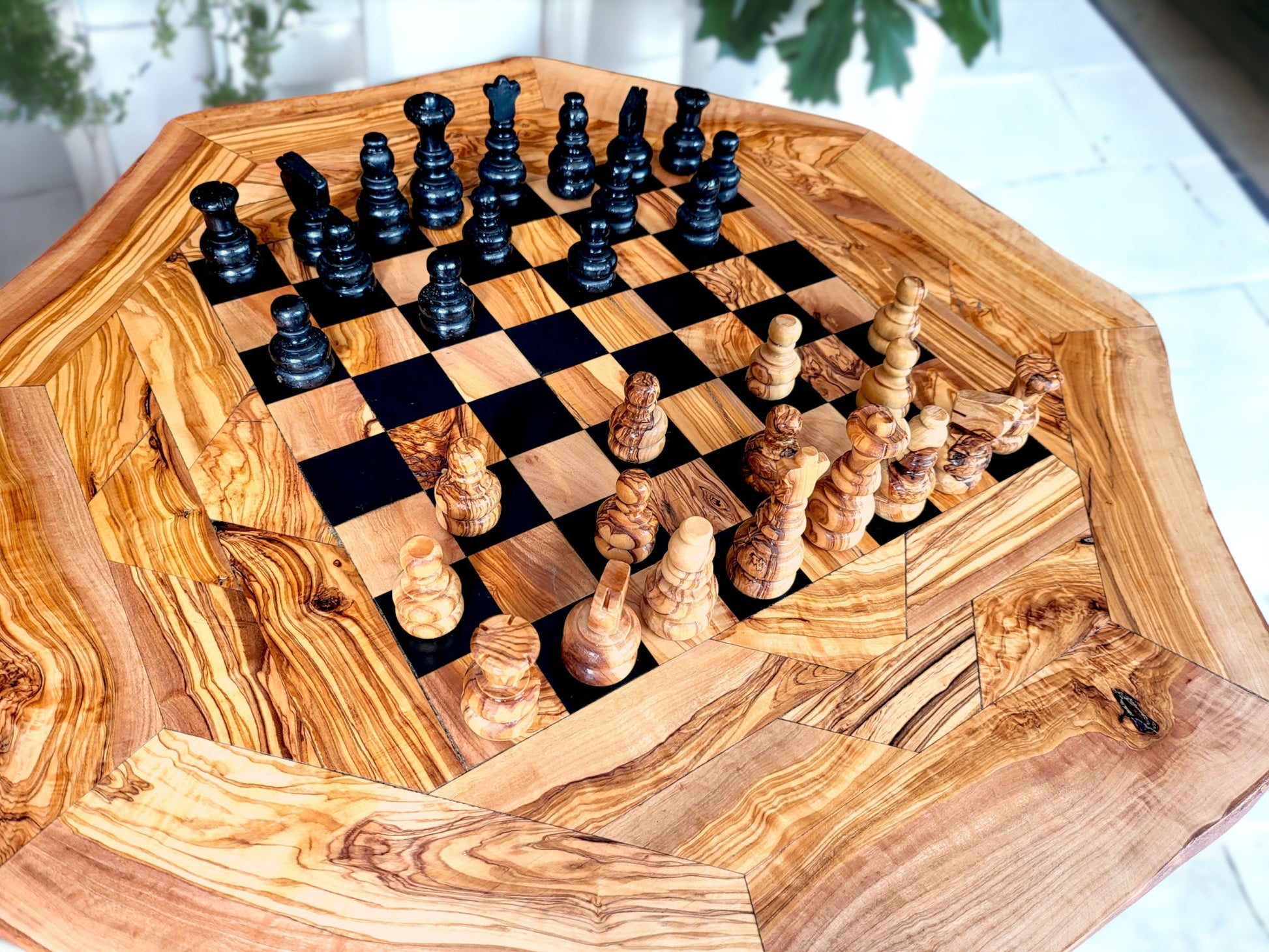 Olive Wood Chess Set 3 Legged Wooden Display Table With Built-In Chess Board