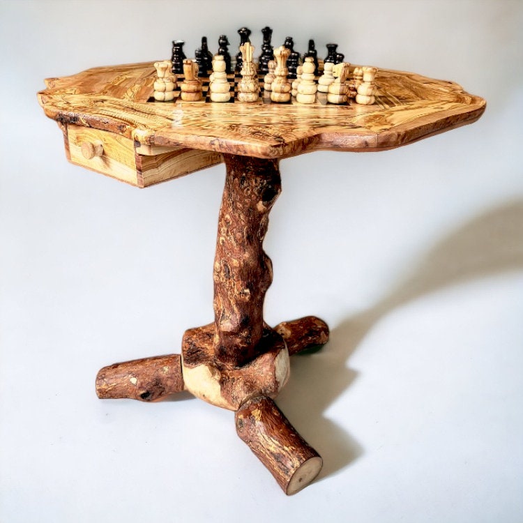 Olive Wood Natural Hand Crafted Fantasy Look Wooden Chess Board Set Table With Pieces | Unique Tabletop Board Game Chess Lovers Gift Idea