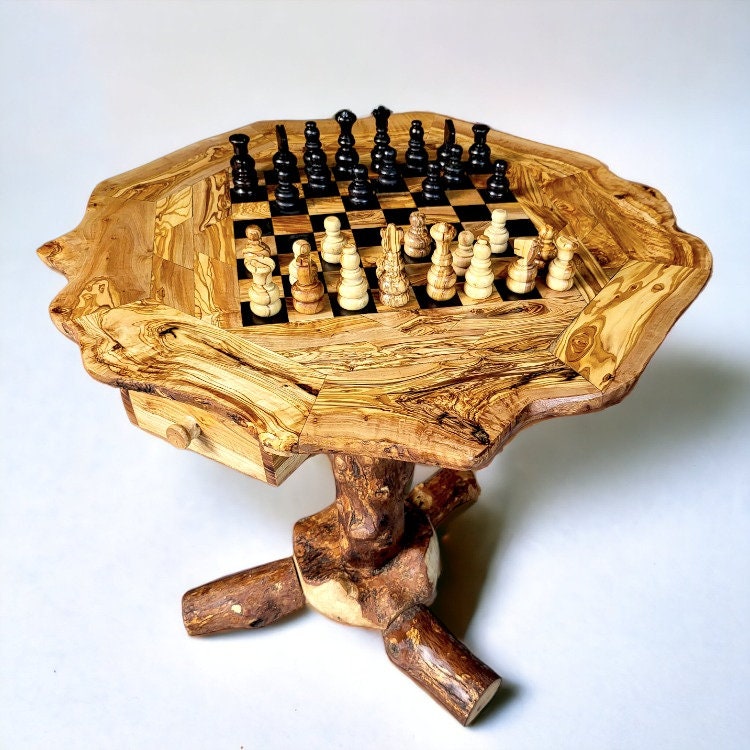 Olive Wood Natural Hand Crafted Fantasy Look Wooden Chess Board Set Table With Pieces | Unique Tabletop Board Game Chess Lovers Gift Idea