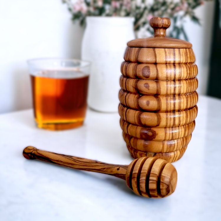 Olive Wood Wooden Honey Pot With Lid & Dipper