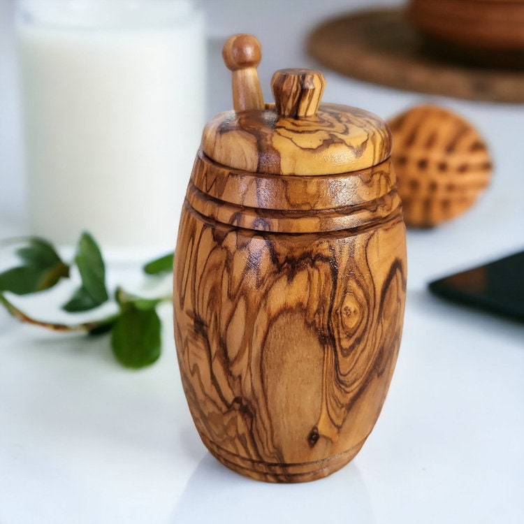 Olive Wood Wooden Honey Pot With Lid & Dipper